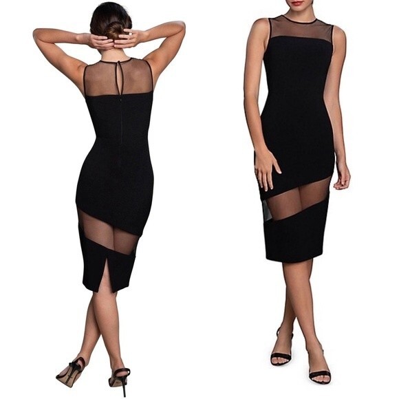 Dress the Population Valerie Sheer Panel Illusion Midi Little Black Dress Size S - Picture 10 of 10